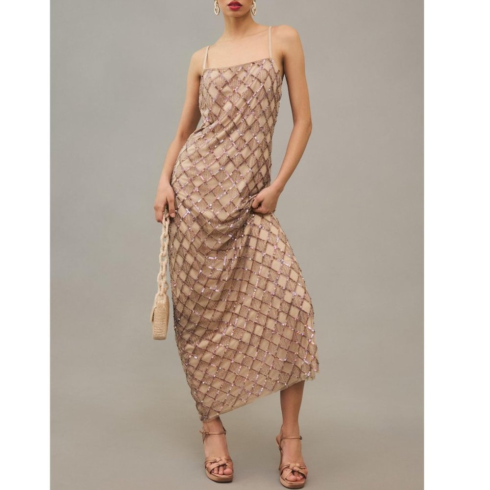 NWT Anthropologie Let Me Be Checked Shine Dress Mauve Beaded Sequined - Small